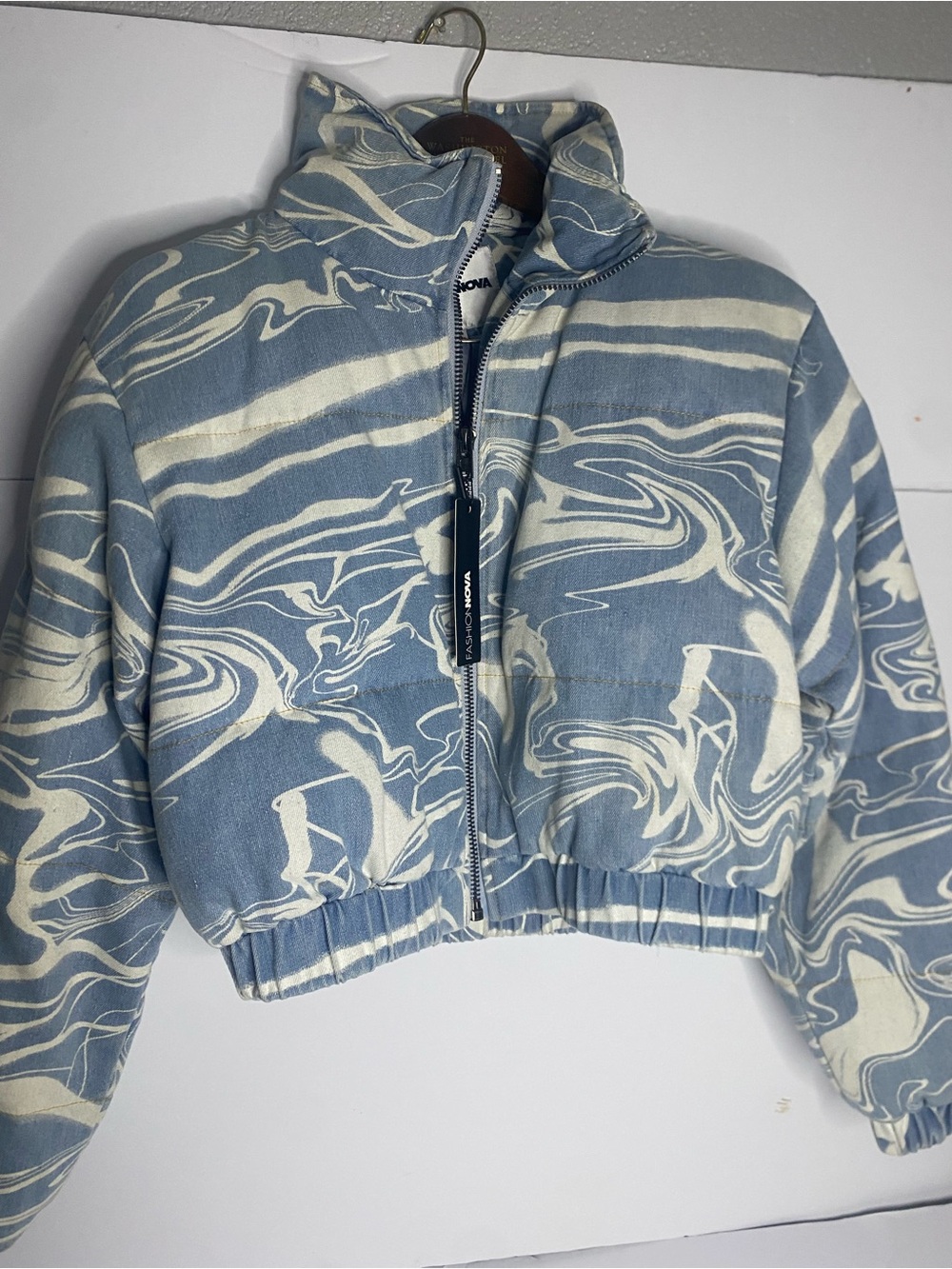 Fashion Nova Cropped Swirl-Print Puffer Jacket - Light Blue & Cream